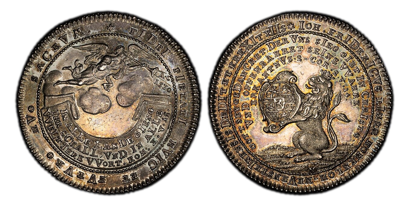 GERMAN STATES. Hohenlohe-Neuenstein-Oehringen. Johann Friedrich II. 1730 N (Paul Gottlieb Nürnberger) AR Thaler. PCGS MS63. Nürnberg. 29.20gm. IOH. FRIDERICVS LINEAE HOHENLOH - NEVENSTEINENSIS DEDIT ET EREXIT PIIS*, above lion in 3 lines; GOTT SEY GEDANCK 63 PCGS