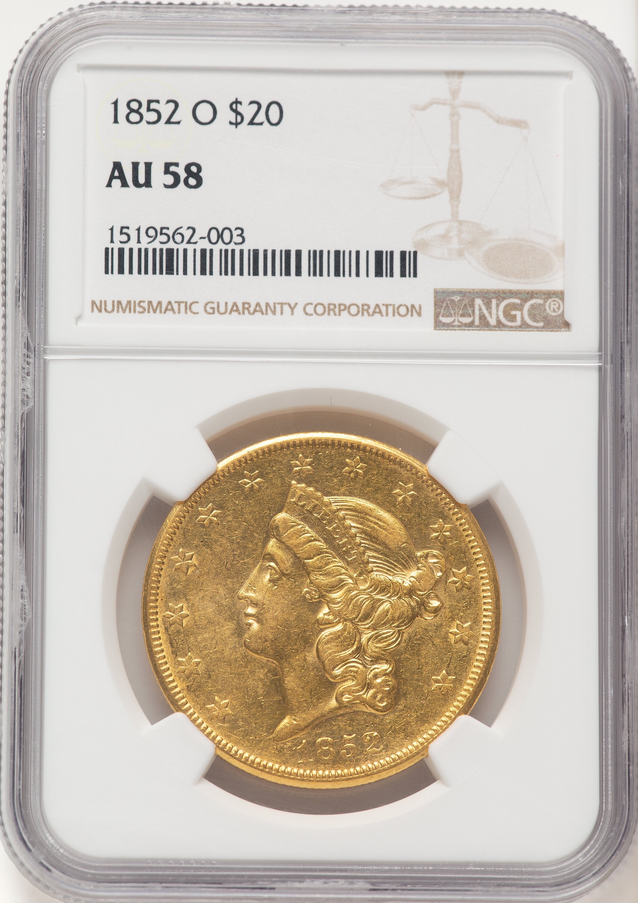 1852-O $20 Brown Label 58 NGC