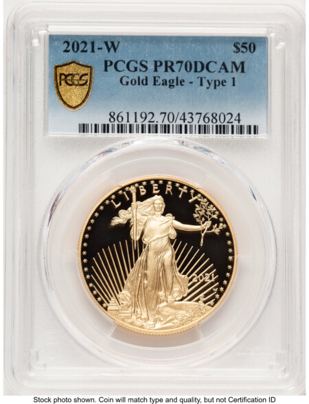 2021-W Type 1 Proof Gold Eagle 1 oz Blue Gradient 70 PCGS