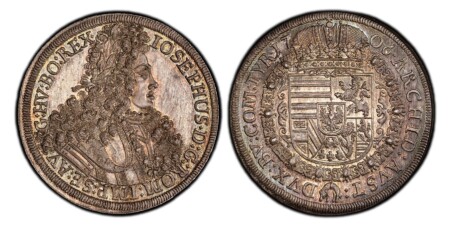 Hall. 43mm. IOSEPHUS · D: G: ROM: IMP: SE: AV: G: HV: BO: REX ·. Laureate armored bust right / ARCHID: AVST: DVX: BV: COM: TYR ·. Arms within Order chain. KM 1438.1; Dav.-1018; Herinek 132. 67 PCGS