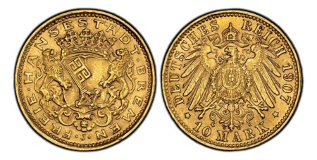 GERMAN STATES. Bremen. 1907 J AV 10 Mark. PCGS MS65. Key on crowned shield with supporters / Crowned imperial eagle, shield on breast, date at right, denomination below. KM 253; Friedberg 3774; Jaeger 204. 65 PCGS