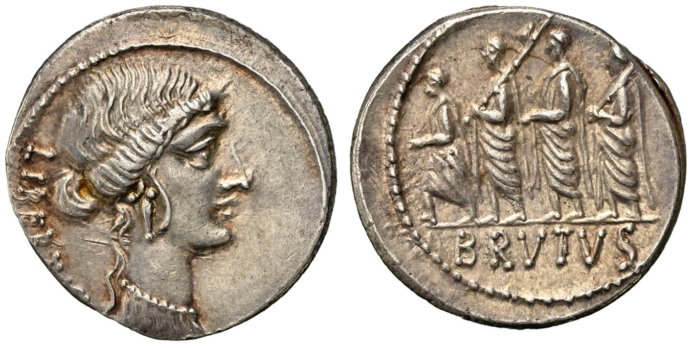 Rome. 3.96gm. LIBERTAS. Head of Liberty right / BRVTVS. L. Junius Brutus walking in procession left between two lictors, preceded by an accensus. BMC 3861; Bab.-31; Crawford 433/1; Sear 397; Sydenham 906. 40 NGC
