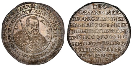GERMAN STATES. Saxony-Albertine. Johann Georg I. MDCLVI (1656) AR Thaler. NGC MS64. Dresden. Bust with scepter and date in Roman numerals within inner circle; double legend around / Ten-line inscriptions. KM 451; Dav.-7614. Commemorating the death of the  64 NGC