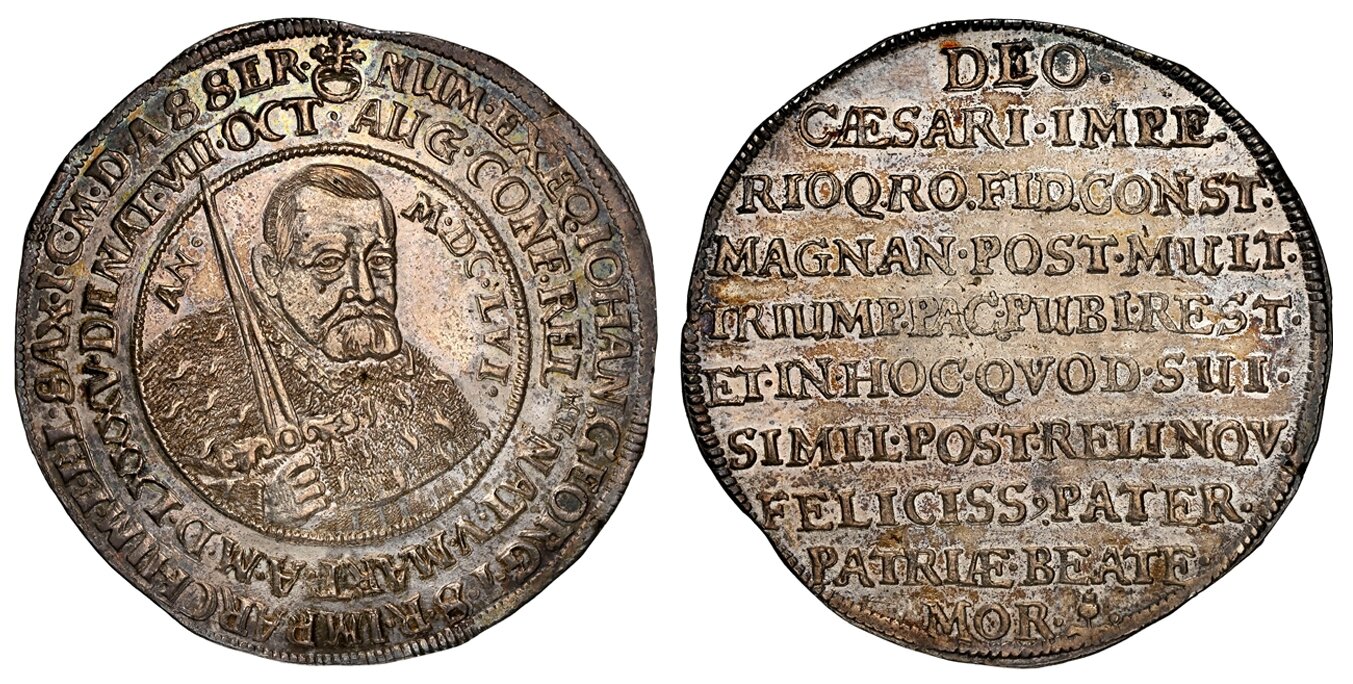 GERMAN STATES. Saxony-Albertine. Johann Georg I. MDCLVI (1656) AR Thaler. NGC MS64. Dresden. Bust with scepter and date in Roman numerals within inner circle; double legend around / Ten-line inscriptions. KM 451; Dav.-7614. Commemorating the death of the  64 NGC