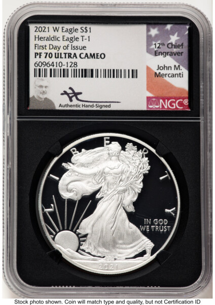 2021-W TY1 Proof Silver Eagle 1 oz FDI John Mercanti Blk Core 70 NGC