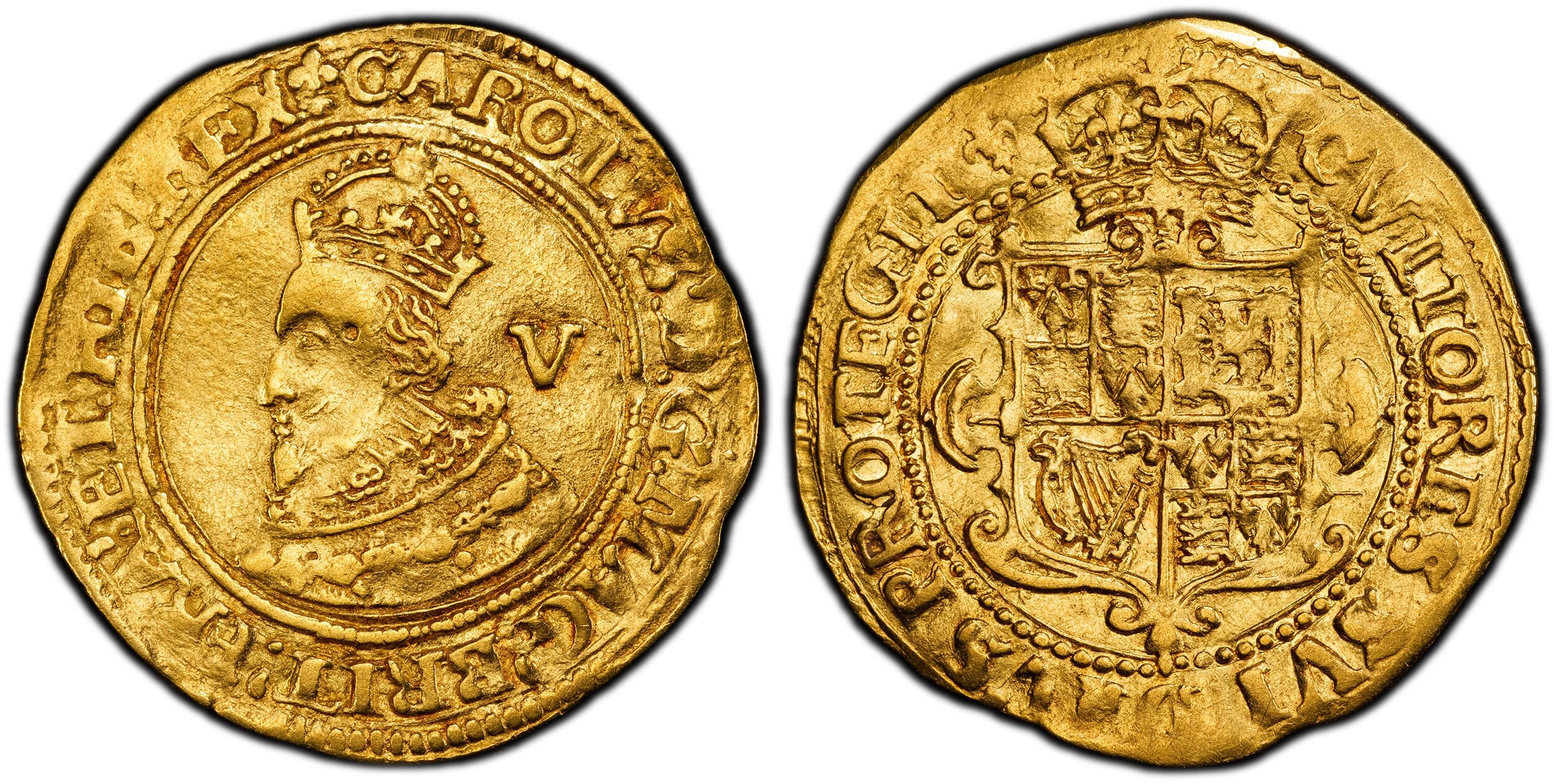 London mint. 2.25gm. First bust in coronation robes with ruffled collar; V in field behind head / Crowned square-topped shield of arms. KM 136; SCBC-2709; North 2179; Fr.-248. Includes original collector's envelope noting purchase on 11/26/51. 55 PCGS