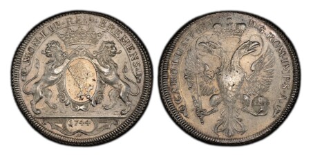 GERMAN STATES. Bremen. 1744 MF AR 2 Thaler. PCGS MS62. 58.37gm. Crowned and supported oval arms, date in panel below / Crowned double-headed imperial eagle holds scepter and orb. KM 187; Dav.-2050; Jungk 515. 62 PCGS