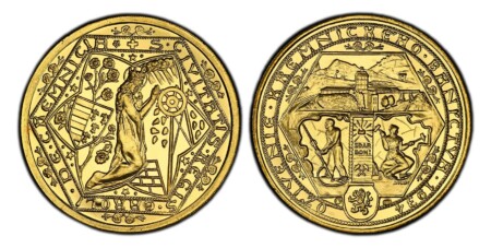 By Anton Hám. Kremnitz. Edge: Reeded. St. Catherine at center, kneeling to right; Kremnica shield of arms, left / Hexagon divided into three main panels depicting miners and mining scenes, a small central banner with a shining ingot hangs above the miner' 66 PCGS