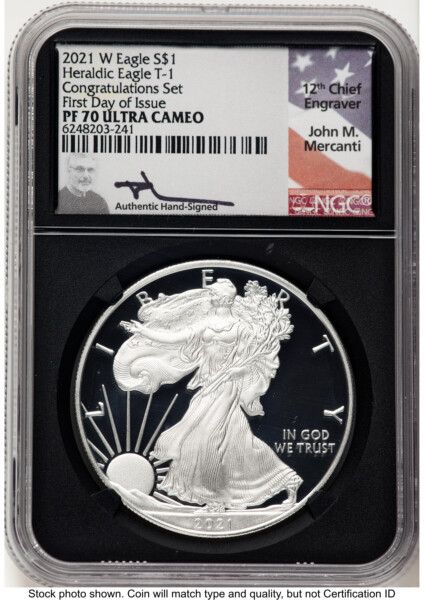 2021-W TY1 Proof Silver Eagle Congratulations Set 1 oz FDI John Mercanti Blk Core 70 NGC