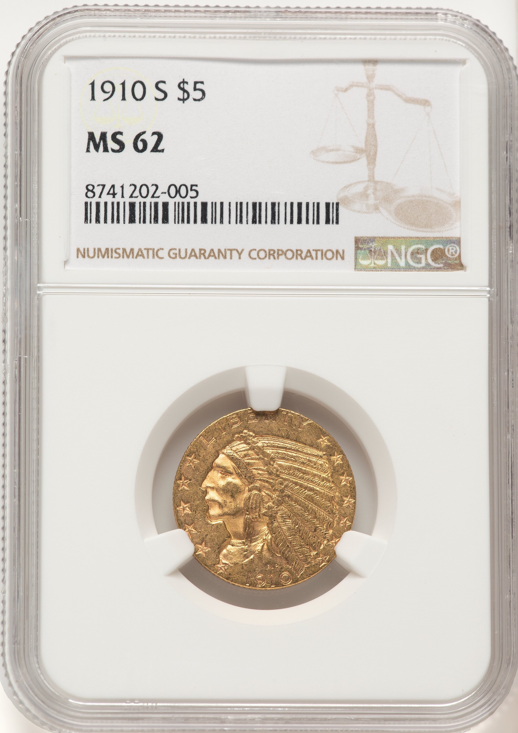 1910-S $5, MS Brown Label 62 NGC