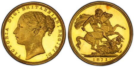 Edge: Plain. VICTORIA D:G: BRITANNIAR: REG: F:D:. Head left / St. George slaying the dragon. KM 752. Proof; SCBC-3856; W&R.319 (R7). 65 PCGS