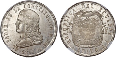 Flag-draped arms / Head left. KM 39. Frosty gem, very rare in this quality. 65 NGC