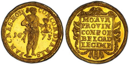 Edge: D • GEDACHTENIS • V • D • MUNTE • V • AMSTERDAM. . 15.97gm. CONCORDIA • RES - PAR CRES • HOL - •. Knight standing to right with sword over his shoulder in his right hand and a bundle of arrows in his left hand / MO • AVR / PROVIN / CON • FOE / BELG 63 PCGS