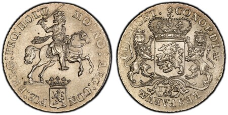 Edge: Reeded. BELG : PRO : HOL : MO : NO : ARG : CON FOE :. Armored Knight on horse holding sword above head, crowned arms below / CONCORDIA RES PAR... Crowned arms of Holland, with supporters, date in cartouche below. KM 90.2; Dav.-1827.  65 PCGS