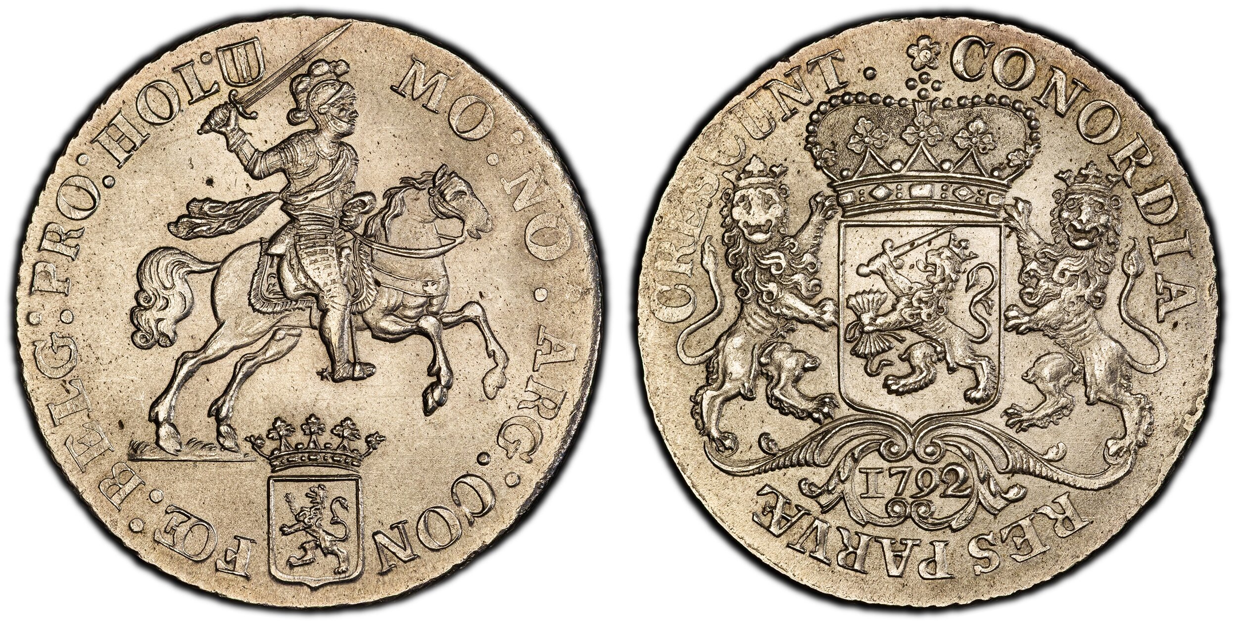 Edge: Reeded. BELG : PRO : HOL : MO : NO : ARG : CON FOE :. Armored Knight on horse holding sword above head, crowned arms below / CONCORDIA RES PAR... Crowned arms of Holland, with supporters, date in cartouche below. KM 90.2; Dav.-1827.  65 PCGS