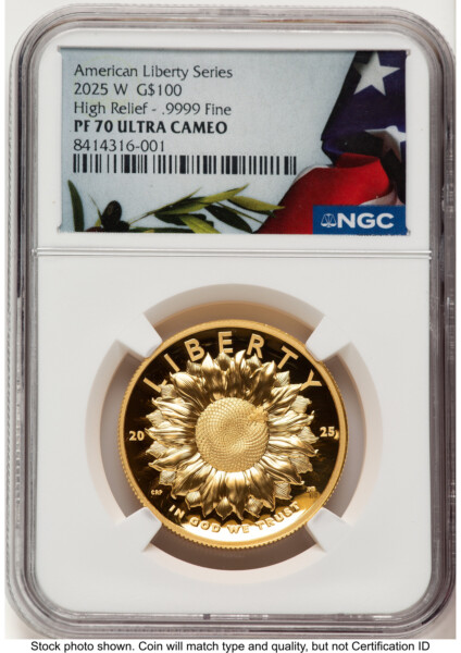 2025-W G$100 American Liberty High Relief, DC Bunting Flag 70 NGC
