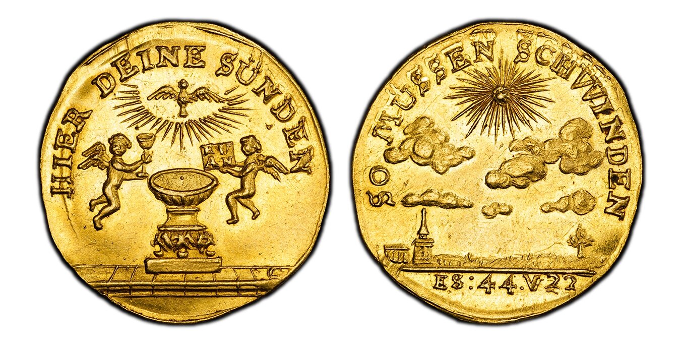 GERMAN STATES. Nürnberg. (c.1750) ND AV Medallic Ducat. PCGS MS61. 3.49gm. SO MÜSSEN SCHWINDEN. Radiant sun and clouds above a landscape with a church / HIER DEINE SÜNDEN. Two floating angels with a chalice and gospel next to a baptismal font below a dove 61 PCGS