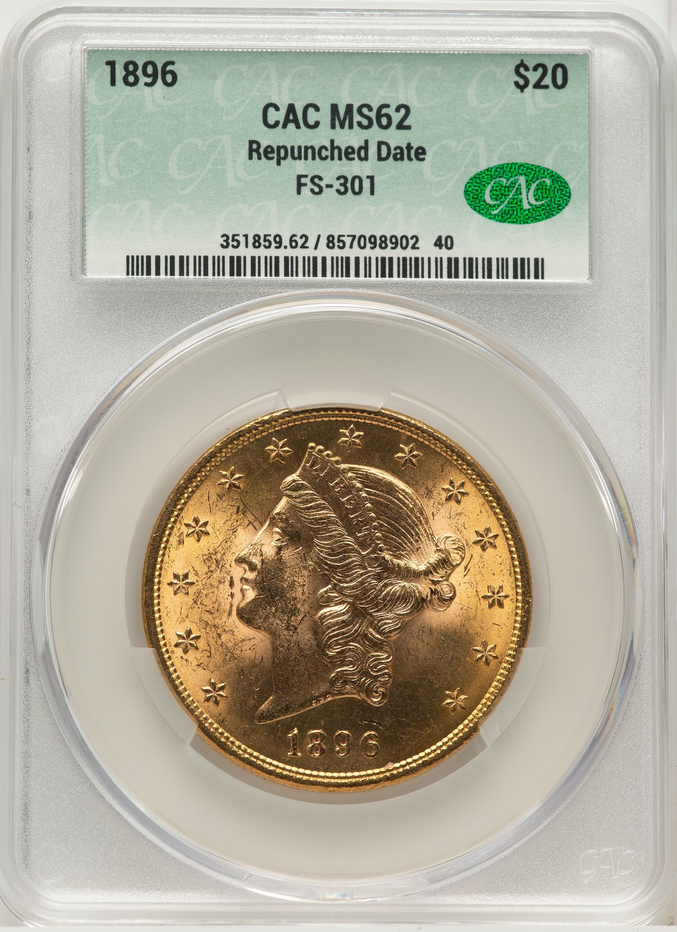 1896 $20 Repunched Date, FS-301 MS 62 CACG