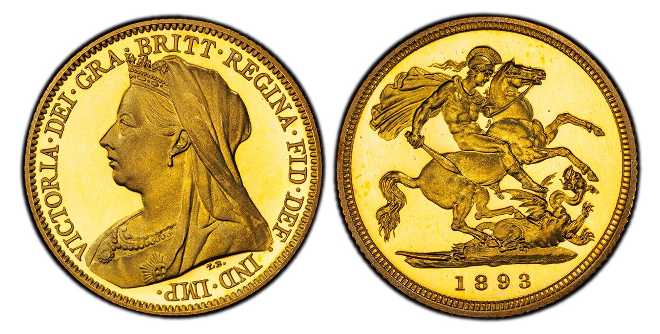 VICTORIA · DEI · GRA · BRITT · REGINA · FID · DEF · IND · IMP ·. Mature draped bust left / St. George slaying the dragon right. KM 784. Proof; SCBC-3878; Fr.-397A. From a reported mintage of just 773 pieces. Housed in an old PCGS holder (green label). 66 PCGS