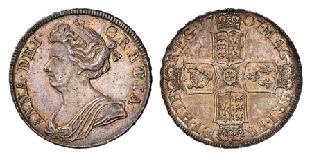 ANNA · DEI · - GRATIA ·. Bust left / MAG - BRI · FR - ET · HIB - · REG ·. English and Scottish shield halved. KM 525.1; SCBC-3604 (No Plumes); ESC-1366 (Prev. ESC-577). 63 NGC