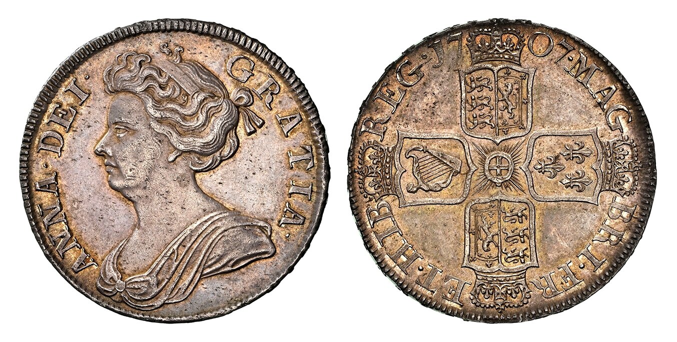 ANNA · DEI · - GRATIA ·. Bust left / MAG - BRI · FR - ET · HIB - · REG ·. English and Scottish shield halved. KM 525.1; SCBC-3604 (No Plumes); ESC-1366 (Prev. ESC-577). 63 NGC