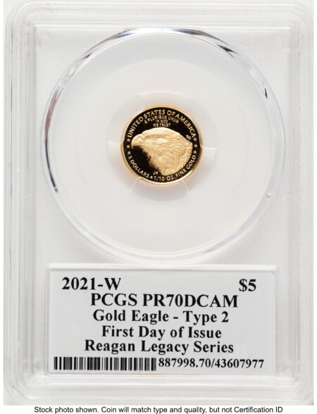 2021-W Type 2 Proof Gold Eagle 1/10 oz FDI Reagan Legacy Series Michael Reagan 70 PCGS