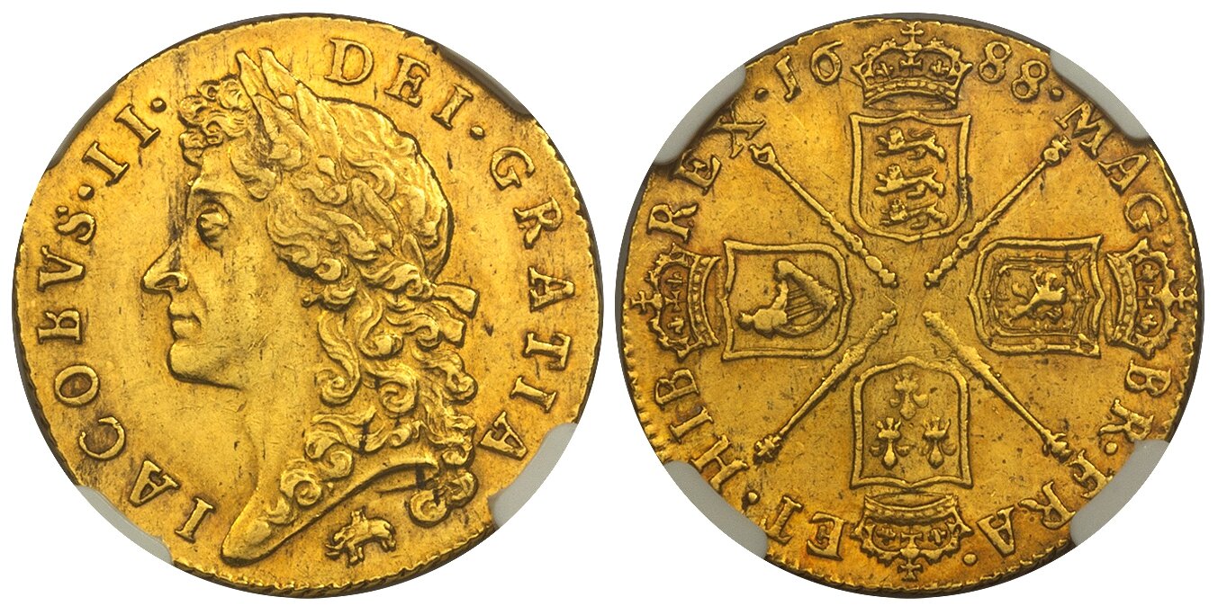 Elephant and castle below bust / Crowned shields of arms in cruciform; scepters in angles. KM 459.2; SCBC-3403; MCE 131; Fr.-305. Currently the finest known at NGC as of June 2025 62 NGC