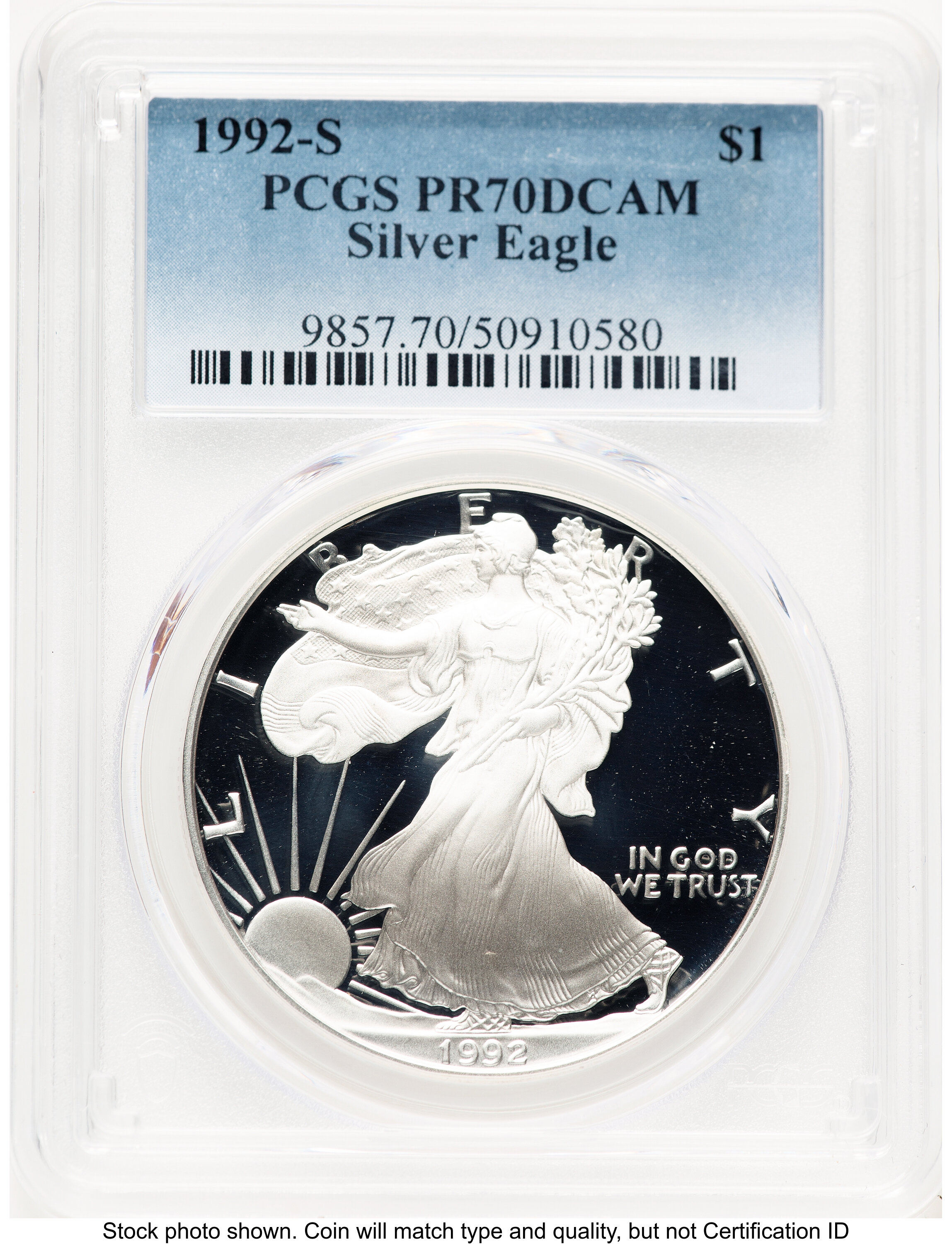 1992-S Proof Silver Eagle 1 oz Blue Gradient 70 PCGS