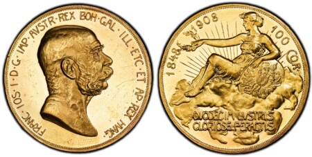 Kremnitz. Edge: Incuse lettering, VIRIBVS VNITIS. FRANC·IOS·I·D·G·IMP·AVSTR·REX BOH·GAL·ILL·ETC·ET AP·REX HUNG·. Head right / 1848 1908 100 COR · with DVODECIM LVSTRIS / GLORIOSE PERACTIS (Translation: 12 lustrae (5 year periods) gloriously accomplished)  62 PCGS