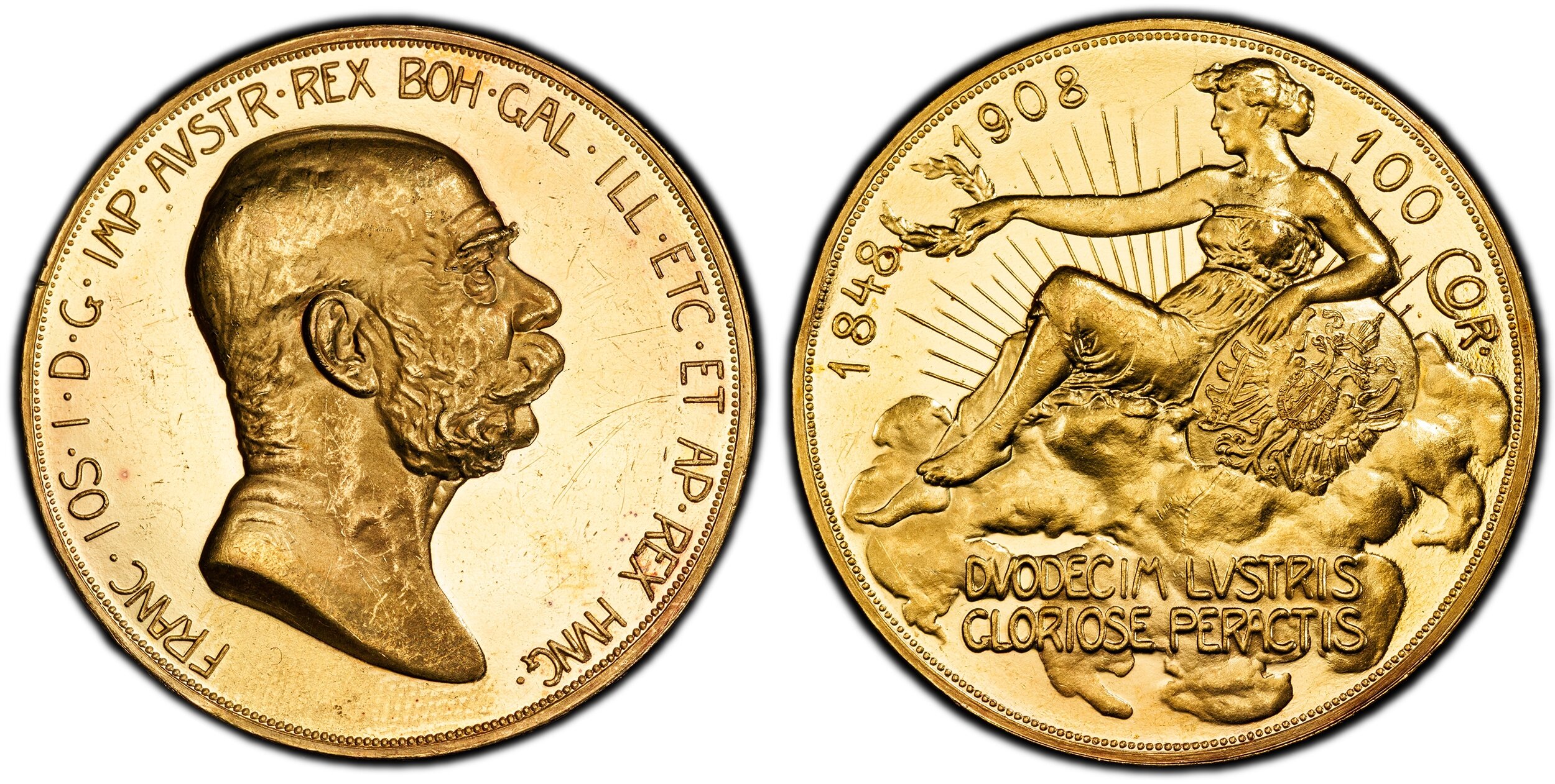 Kremnitz. Edge: Incuse lettering, VIRIBVS VNITIS. FRANC·IOS·I·D·G·IMP·AVSTR·REX BOH·GAL·ILL·ETC·ET AP·REX HUNG·. Head right / 1848 1908 100 COR · with DVODECIM LVSTRIS / GLORIOSE PERACTIS (Translation: 12 lustrae (5 year periods) gloriously accomplished)  62 PCGS