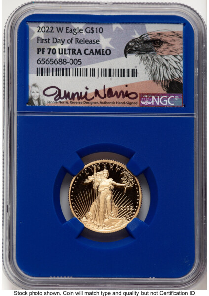 2022-W Proof Gold Eagle 1/4 oz FDR Jennie Norris Blue Core 70 NGC
