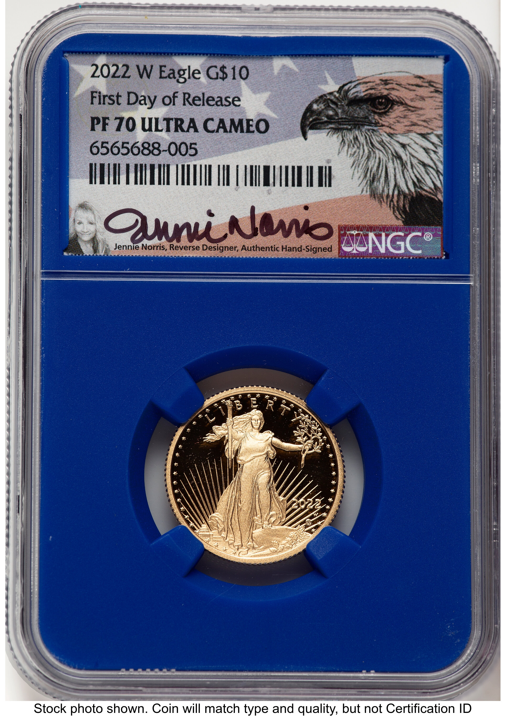 2022-W Proof Gold Eagle 1/4 oz FDR Jennie Norris Blue Core 70 NGC