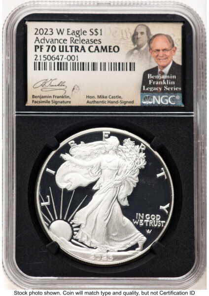 2023-W Proof Silver Eagle 1 oz AR Mike Castle Blk Core Franklin Series 70 NGC