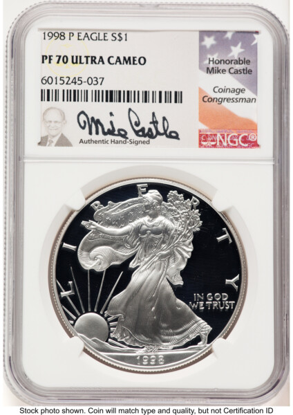 1998-P Proof Silver Eagle 1 oz Mike Castle 70 NGC