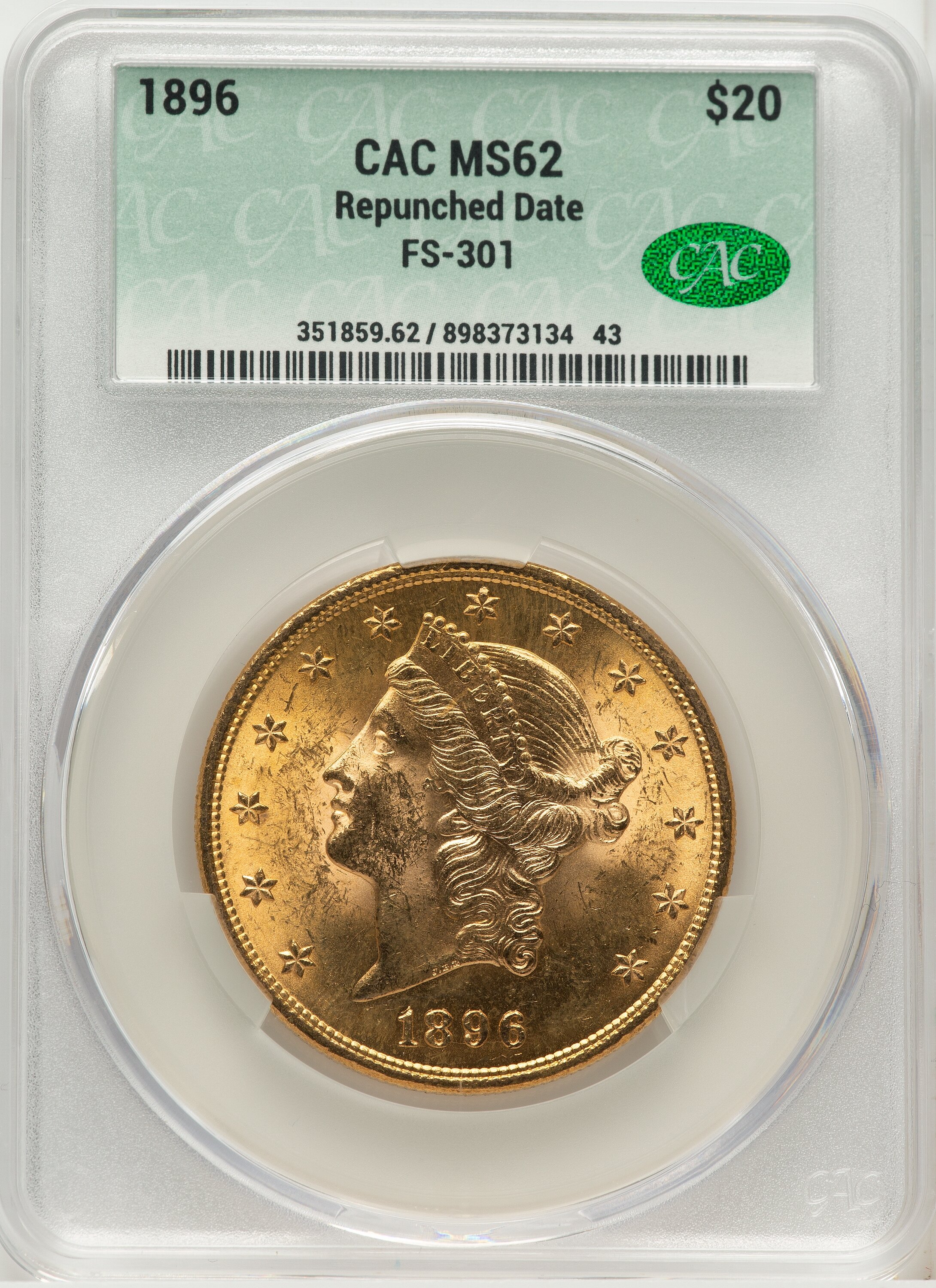 1896 $20 Repunched Date, FS-301 MS 62 CACG