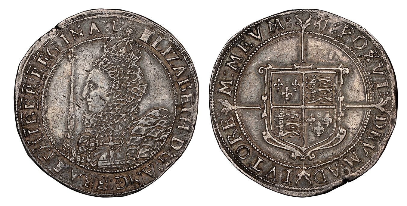 London (Tower) mint. 30.07gm. Crowned and mantled bust left, wearing ruffled collar and holding lis-tipped scepter / Garnished square-topped coat-of-arms over long cross fourchee. KM 7; SCBC-2582; North 2012; Dav.-3757. Seventh issue. Ex Coin Galleries (J 55 NGC
