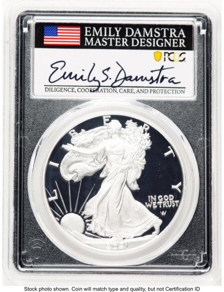 2021-W TY2 Proof Silver Eagle 1 oz FDI Emily Damstra Blk Frame 70 PCGS