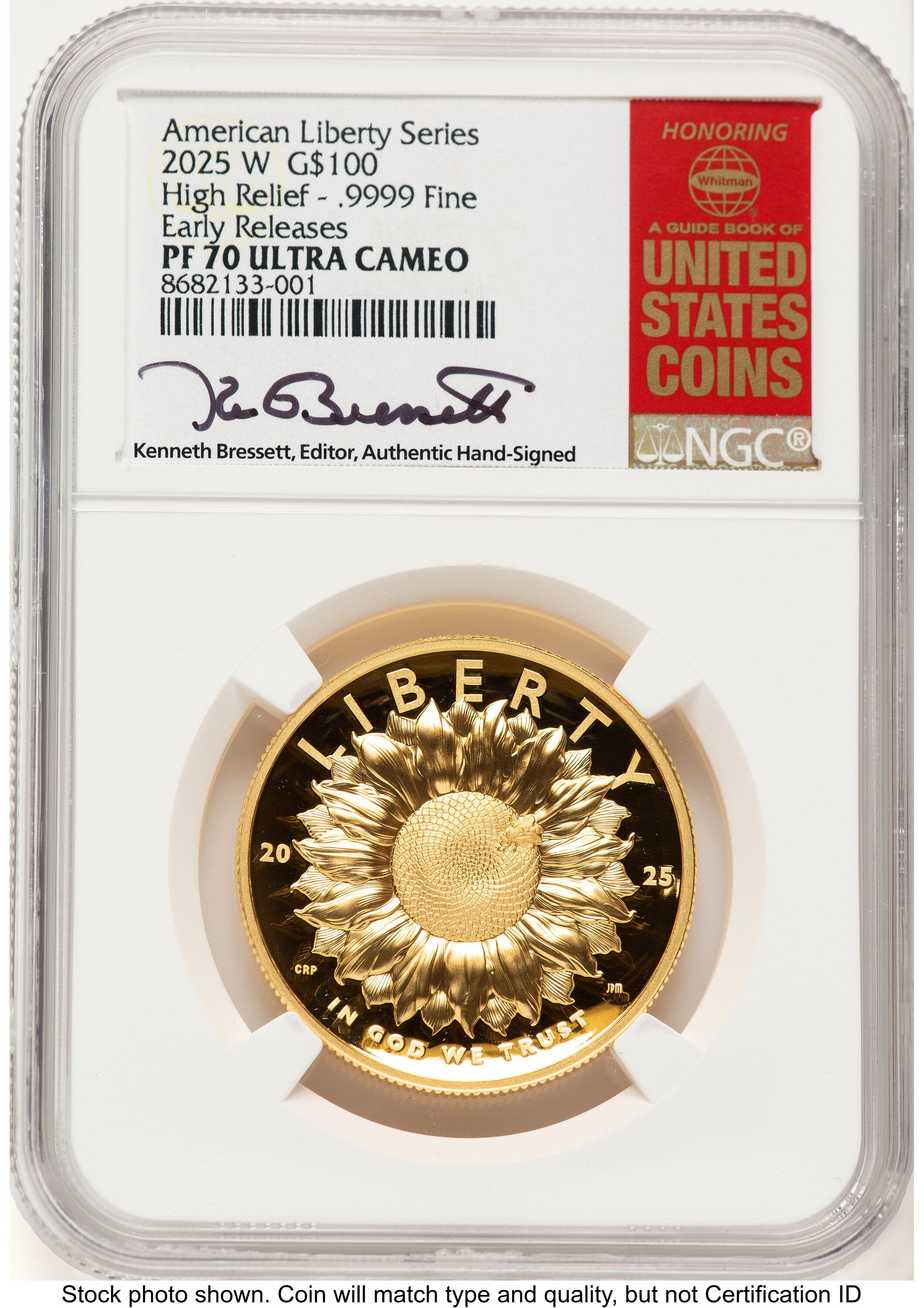2025-W G$100 American Liberty High Relief, DC ER Kenneth Bressett Red Book 70 NGC