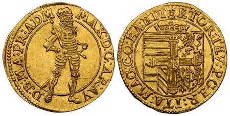 GERMAN STATES. Teutonic Order. Maximilian of Austria. (Grandmaster, 1590-1618). (1590-1618) ND-(Globus cruciger) AV Ducat. NGC MS63. (Hall). 22mm. MAX: D: G: AR: AV - D: B: MA: PR: ADM. Maximilian standing / ET OR: TEV: P GER: ITA: MAG: CO: HA: ET· T. Shi 63 NGC