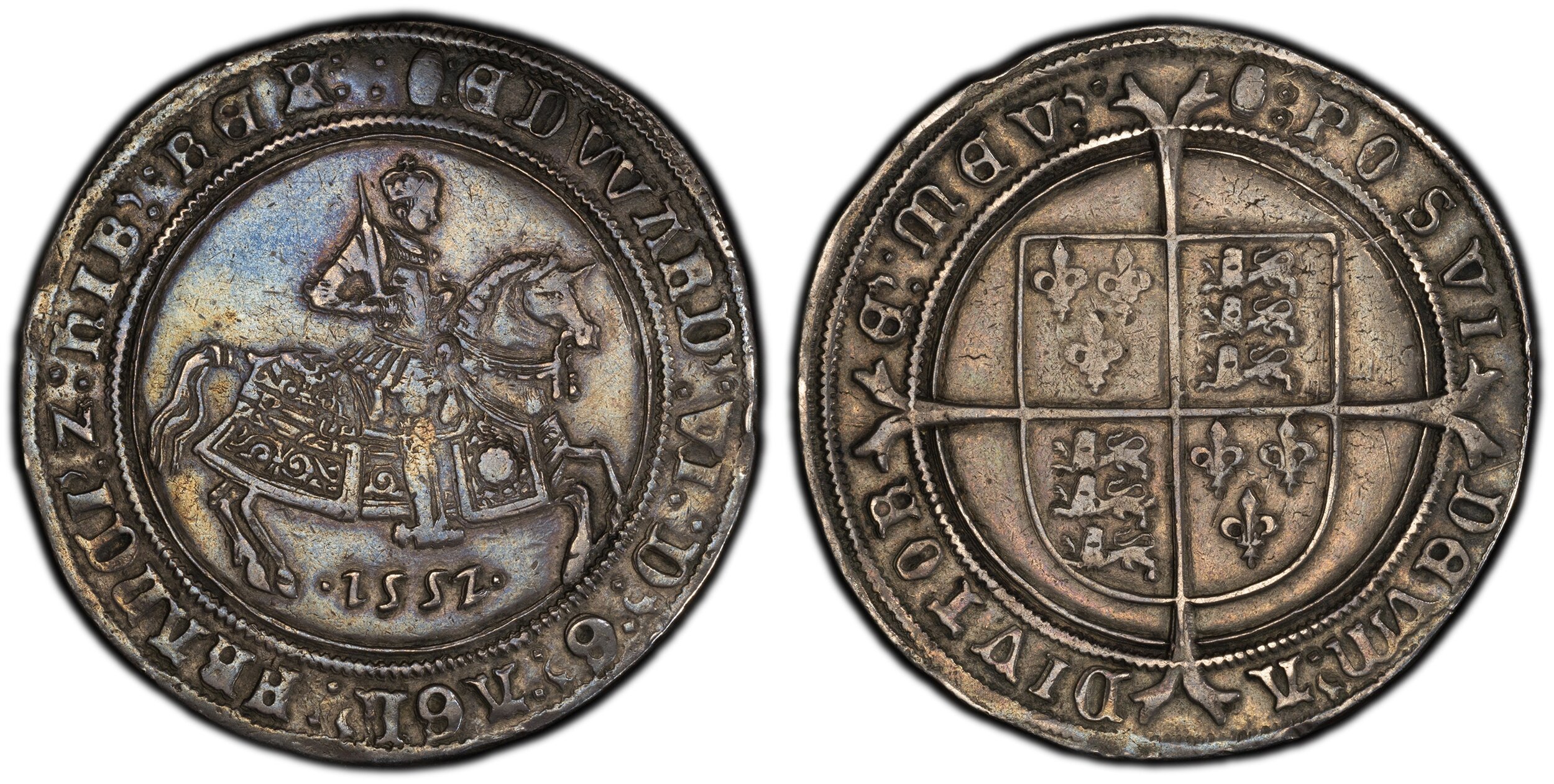 King on horseback, right, with date below, within wire line inner circle / Quartered shield of arms on cross. SCBC-2478; North 1933; Dav.-8245. Scarce date. Third period, fine silver issue. 45 PCGS