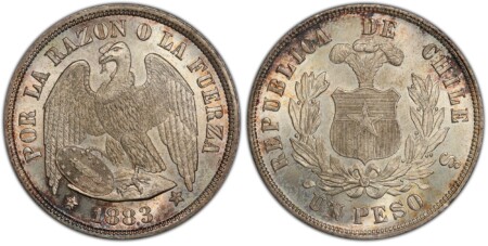 CHILE. 1883-So AR Peso. PCGS MS66. Santiago mint. Plumed arms within wreath / Condor with wings spread and shield. KM 142.1. Round-top 3. Struck by law of October 21, 1865. 66 PCGS