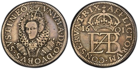 VNVM . A . DEO . DVOBVS . SVSTINEO . . Crowned facing bust wearing large ruff / AFFLICTORVM . CONSER VATRIX . Crowned monogram divides date. Peck 8; North 2050. The relief of distress refers to the passage of the Elizabethan Poor Relief Law (1601), an act 35 PCGS