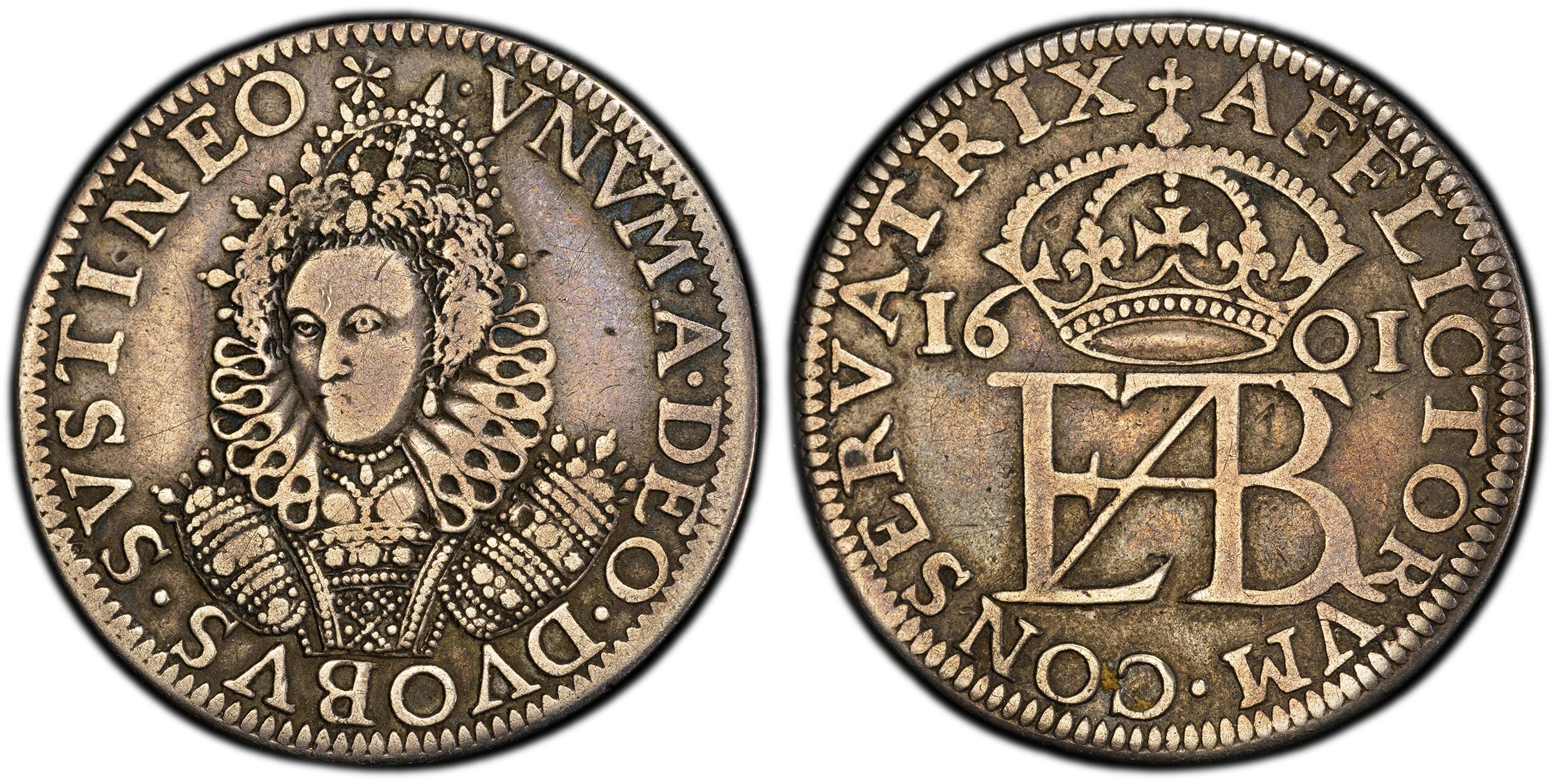 VNVM . A . DEO . DVOBVS . SVSTINEO . . Crowned facing bust wearing large ruff / AFFLICTORVM . CONSER VATRIX . Crowned monogram divides date. Peck 8; North 2050. The relief of distress refers to the passage of the Elizabethan Poor Relief Law (1601), an act 35 PCGS