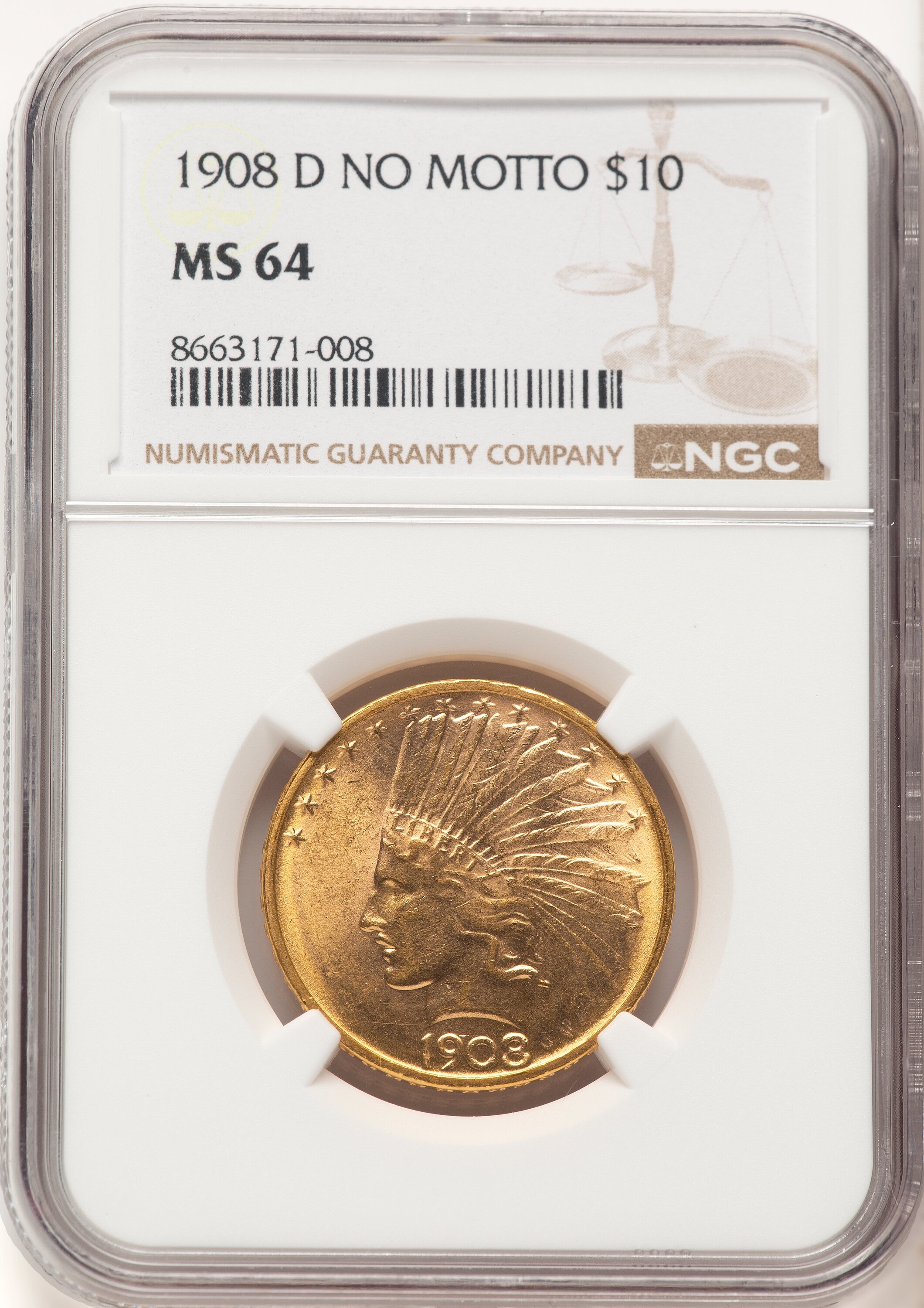 1908-D $10 NO MOTTO 64 NGC