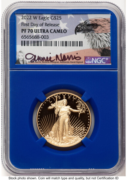 2022-W Proof Gold Eagle 1/2 oz FDR Jennie Norris Blue Core 70 NGC