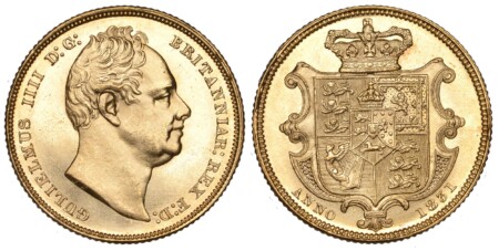 Edge: Milled. GULIELMUS IIII D:G: BRITANNIAR: REX F:D:. First bare head right, WW incuse fully on truncation without stops / Crowned arms within cartouche. KM 717; SCBC-3829A; EGC-1017; Marsh 16A R5; Bentley 960. Superb and exceptional; much rarer in this 64 NGC