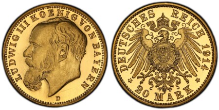 GERMAN STATES. Bavaria. Ludwig III. (King, 1913-1918). 1914-D AV Pattern 20 Mark. PCGS SP67. Munich. Edge: Plain. 22.58mm. 8.10gm. Head left / Crowned imperial eagle, shield on breast. cf. KM 1009; Schaaf 202/G 2; cf. Beckenbauer; cf. Jaeger 202. 67 PCGS