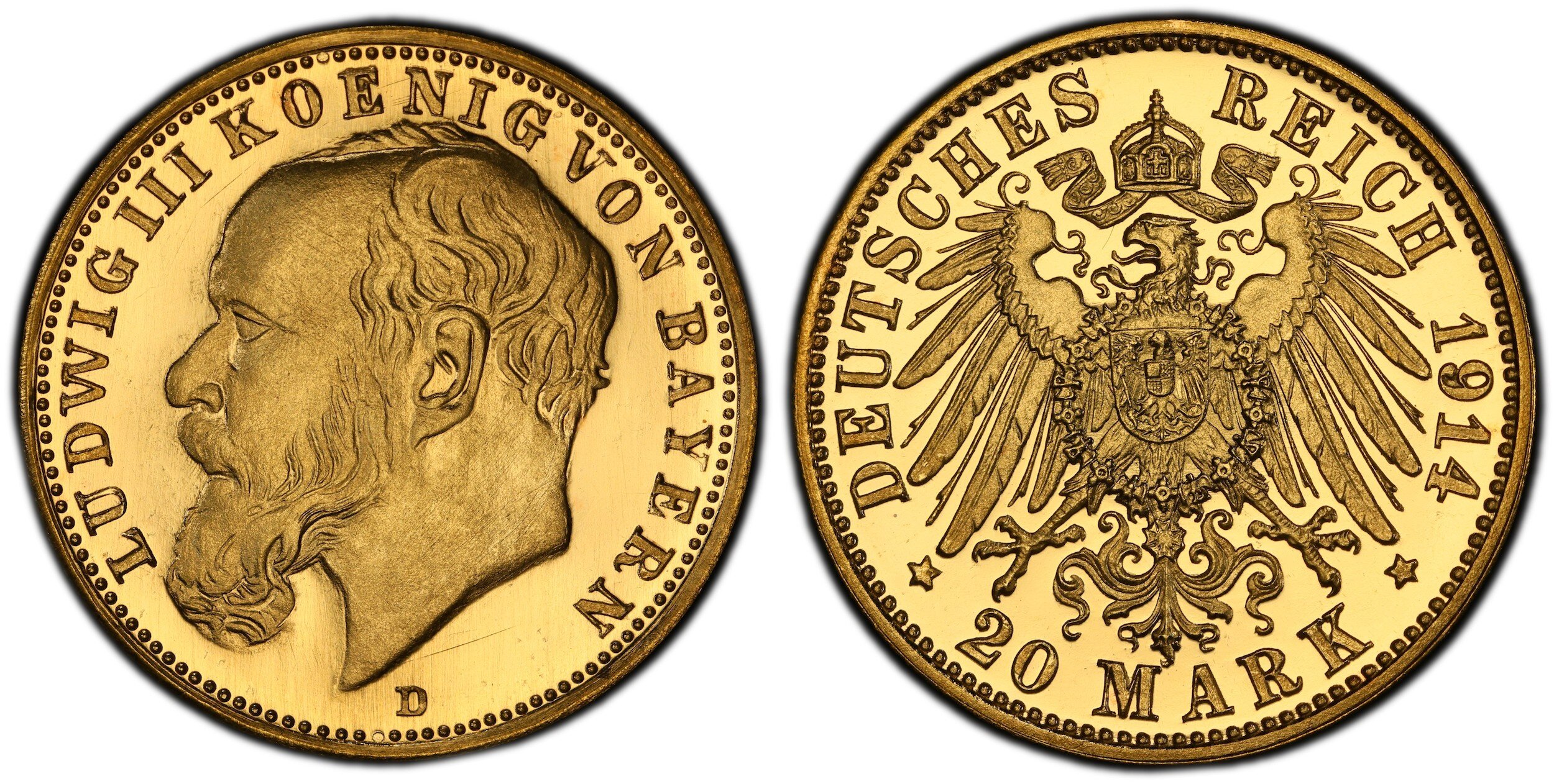 GERMAN STATES. Bavaria. Ludwig III. (King, 1913-1918). 1914-D AV Pattern 20 Mark. PCGS SP67. Munich. Edge: Plain. 22.58mm. 8.10gm. Head left / Crowned imperial eagle, shield on breast. cf. KM 1009; Schaaf 202/G 2; cf. Beckenbauer; cf. Jaeger 202. 67 PCGS