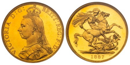 VICTORIA D:G: BRITT: REG: F:D:. Bust left wearing small crown and veil / St. George slaying the dragon. KM 768; SCBC-3865; Fr.-391. Jubilee head. Variety with B.P. From a reported mintage of 797 pieces. Housed in an old NGC holder. 65 NGC