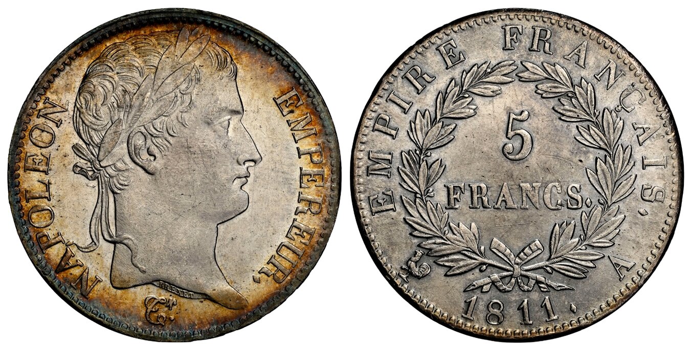 FRANCE. First Empire, Napoleon I. (Emperor, 1804-1814, 1815). 1811-A AR 5 Francs. NGC MS63. Paris. NAPOLEON EMPEREUR. Laureate head right / EMPIRE FRANCAIS. Denomination within wreath. KM 694.1; Gadoury 584; F-307. 63 NGC